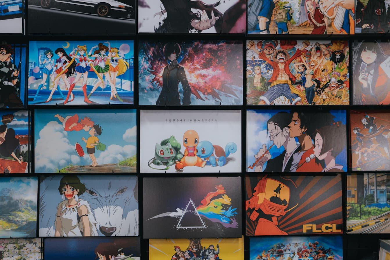 A colourful wall of anime scenes